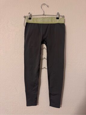 Gymshark Kids Black Leggings with Olive Green Branded Waistband